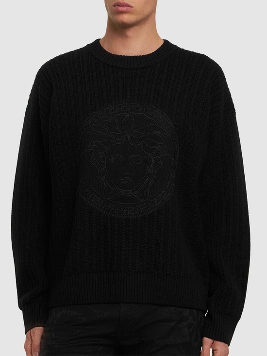Versace Other - Versace Black Medusa Embroidered Wool Sweater Size 52 XL Crewneck Knit NEW